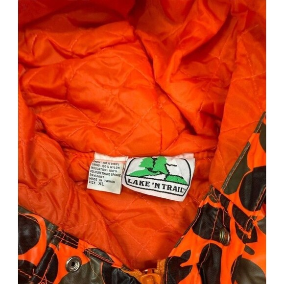Vtg Lake N Trail Camo Hunting Jacket Mens Size XL Orange Vinyl Deer Quilted Rain - Picture 3 of 6